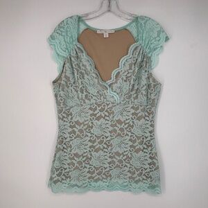 Boston Proper Womens Large Floral Lace Top Mint Green Tan Lined Fitted Short Slv